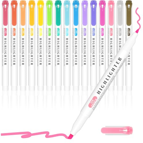 APXEL Textmarker, 15 Farben Pastell Textmarker, Breite und Feine Spitzen Dick und Dünn Erwachsene und Kinder Studenten, Schulbedarf Marker Stifte für Notizen Hervorheben