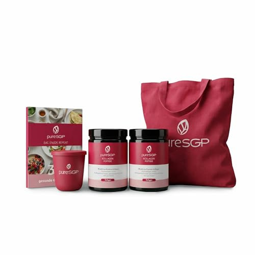 pureSGP® Kollagen Starter Set: 2 Dosen pureSGP® Kollagen Peptide (300 g), Kochbuch, To-Go-Becher u. Tragetasche - Komplett-Set für die Kollagen-Routine. Reinstes Kollagen in Apothekenqualität.