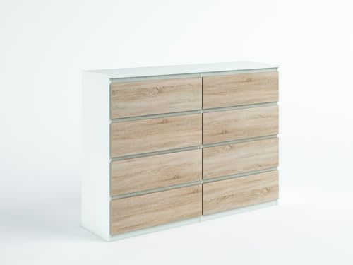 Masseno Kommode NUDO 138,5 cm Sideboard mit 8 Schubladen und Türen für Wohnzimmer Schlafzimmer Modern 138,5x39x101,5 cm Weiß/Sonoma Eiche