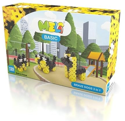 Meli Basic Brave Dogs 3 in 1 Bausteine Set – 120 Teile, Schwarze, gelbe und weiße Bausteine, für Kinder ab 3 Jahren, fördert Kreativität und Feinmotorik, BPA-frei, CE-Zertifiziert