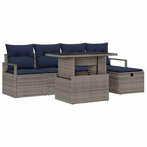 vidaXL Garten-Sofa-Set mit Kissen mit Speicher 6 pcs Grau Poly Rattan, Garten und Terrasse, modernes Outdoor-Sofa-Set, modulare Sitzmöbel mit Stauraum, leicht, UV-beständig