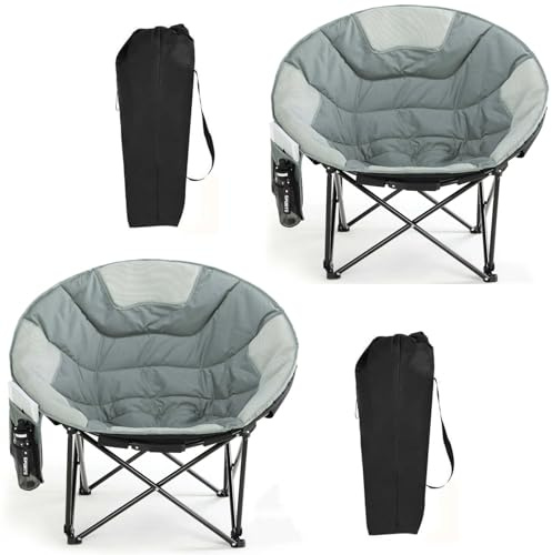 Clevich Folding Moon Chair, Heavy Duty Camping Chair with Breathable Mesh, Padded Cushion, Storage Bag, Supports 150kg Portable Garden Chair for Fishing Beach Outdoor Indoor (2, Grey)