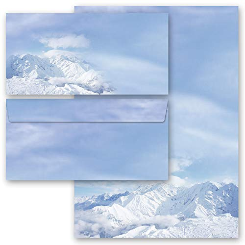 Briefpapier Set, 20 tlg. Natur & Landschaft, Jahreszeiten - Winter, BERGE IM SCHNEE 10 Blatt Briefpapier + 10 passende Briefumschläge DIN LANG ohne Fenster | Paper-Media