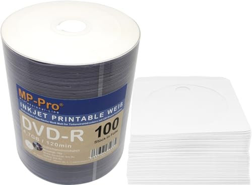 Bedruckbare DVD-R Rohlinge 4,7GB Inkjet Printable Weiß Pro mit CD Hüllen aus Papier mit Folienfenster - 100er Spindel
