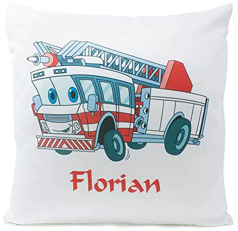 SL-Store GbR Kissen mit Namen Geburt Feuerwehr 40x40 cm inkl. Füllung Kuschelkissen, Kissen Farbe:Vorderseite weiß flauschig/RS weiß flauschig