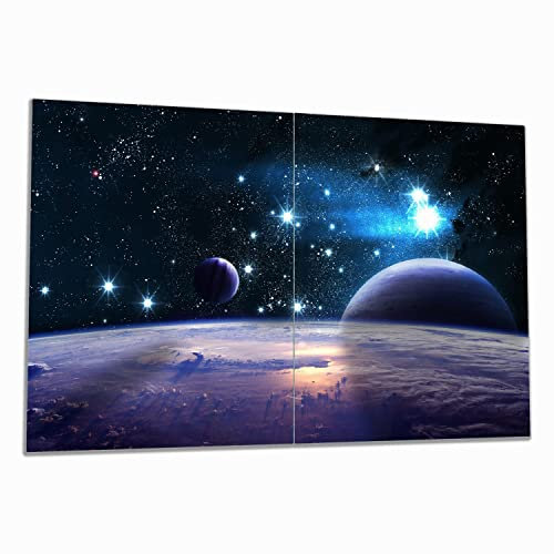 Wallario Herdabdeckplatte/Spritzschutz aus Glas, 2-teilig, 80x52cm, für Ceran- und Induktionsherde, Planeten im Weltall