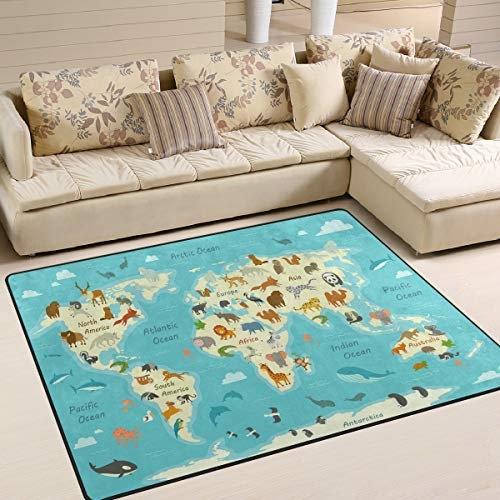 Use7 Teppich mit Cartoon-Tier-Weltkarte, für Wohnzimmer, Schlafzimmer, 160 cm x 122 cm