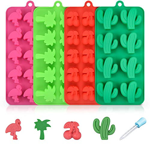 Candy and Chocolate Moulds, 4 Pcs Cactus Coconut Trees Cherry Flamingos Shape Silicone Chocolate Molds Ice Cube Tray Baking Tool with Droppers Pipette (Random Color)