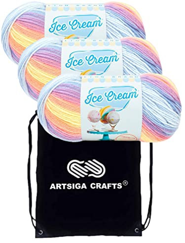 Lion Brand Ice Cream Parfait 923-220 (3-Skeins - Same Dye Lot) Baby Sport #2 Acrylic Yarn for Crocheting and Knitting - Bundle with 1 Artsiga Crafts Project Bag