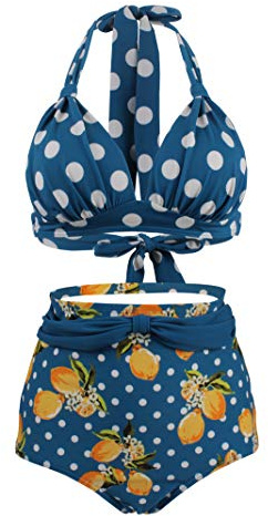Bslingerie® Women Halter Retro High Waisted Bikini Swimsuit 2 Pcs Set (Blue Floral, L)