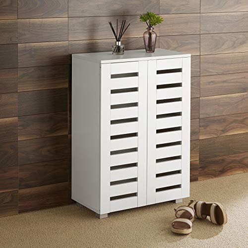 Home Source 2 Door Wooden Shoe Storage Cabinet Rack Stand Slatted Cupboard, White
