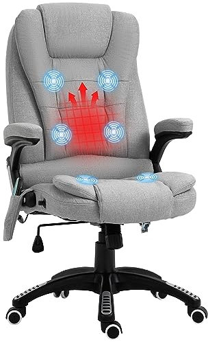 Vinsetto Office Chair, Ergonomic Desk Chair with 6-Point Massage and Back Heated, Linen-Feel Fabric Computer Gaming Chair with Arms, Lumbar Support, Light Grey