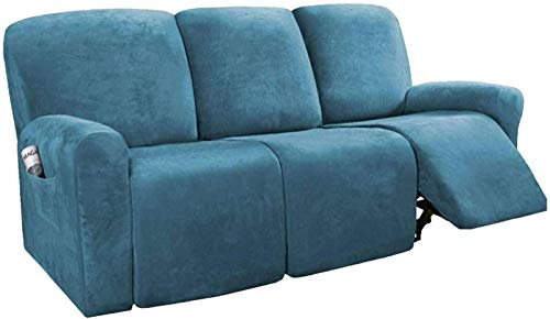 HKPLDE Samt Stretch Sesselschoner Zum 3 Sitzlehne Sesselbezug 8 PCS for Armrest Recliner Möbelschutz-Blau