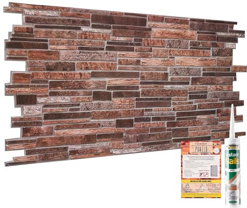NOVECRAFTO Slim Stone Effect 3D Wall Panels - 37.79 x 18.89 in (96x48cm) - 6 Sheets Covering 29.76 sqft (2.76 sqm) Wall Cladding for Bedroom Office Kitchen in Copper Brown Slim Stone Brick Design