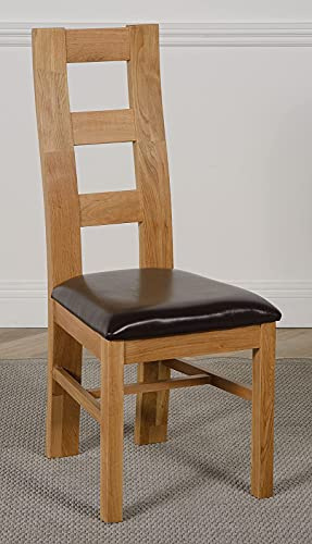 Oak Furniture King Yale Solid Oak Dining Chairs Set of 6 – Wooden Kitchen Chairs, Ladder Back Dining Room Chair with Upholstered Leather Seat, Fully Assembled, Natural Oak Finish, Brown