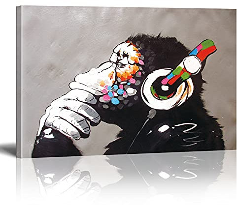 Banksy Bilder auf Leinwand AFFE mit Kopfhörer Graffiti Street Art Wand Bild Pop Art Gemälde Kunstdruck Modern Wandbilder XXL Wanddekoration Mit Rahmen 120x80cm