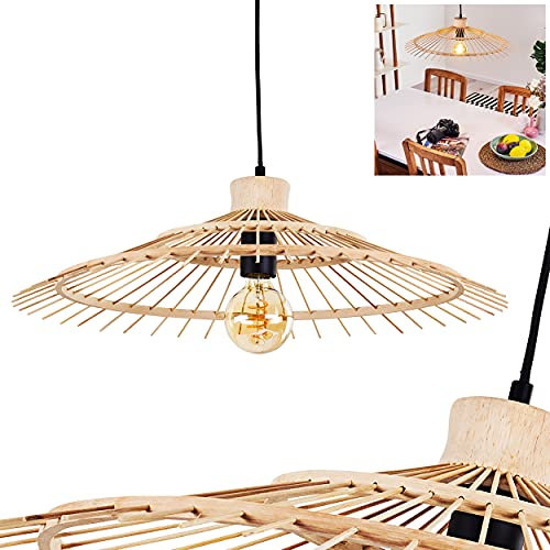 Pendelleuchte Castries, Hängelampe aus Metall/Rattan in Schwarz/Naturfarben, 1-flammig, 1xE27, Vintage Hängeleuchte m. Textilkabel u. rundem Schirm aus Bambus im Boho-Style, ohne Leuchtmittel