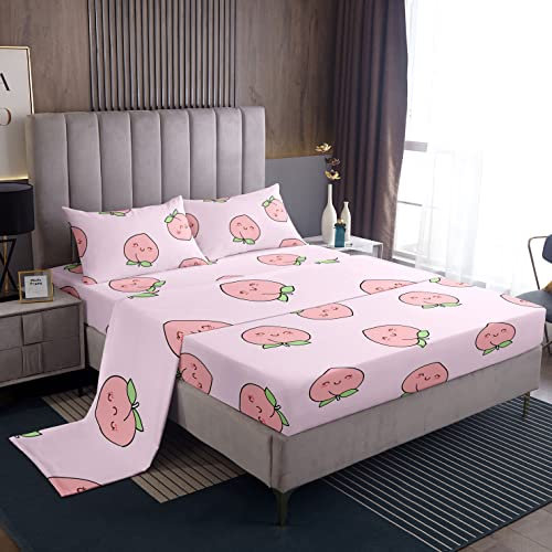 Erosebridal Cartoon-Bettlaken-Set für Doppelbett, rosa Pfirsichfarben, Spannbetttuch, Kawaii-Bettlaken-Set, süßes Obst, tropische Pflanzen, leicht, niedliches Raumdekor