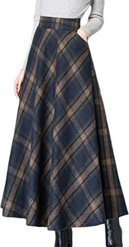 Minetom Damen Kariert Maxirock - Hohe Taille Schottenkaro Ausgestellte Form Vintage Long Rock - Swing Röcke A Marine XL