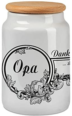 Sunnywall personalisierbare Vorratsdosen mit Wunschname - Keramik weiss mit Echtholzdeckel 700 ml. Keksdose, Gebäckdose – Geschenkidee (Danke Opa)