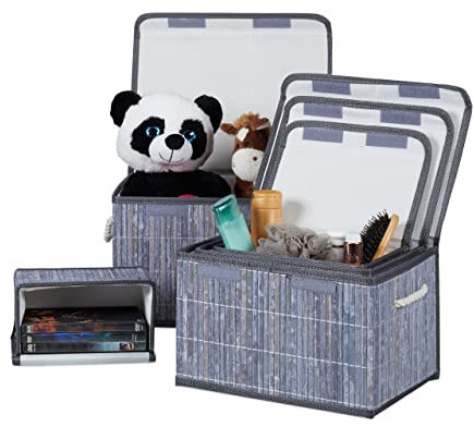 Relaxdays Aufbewahrungskorb 5er Set, mit Deckel, aus Bambus, für Badezimmer, Spielzeug, Deko, Aufbewahrungsbox, grau