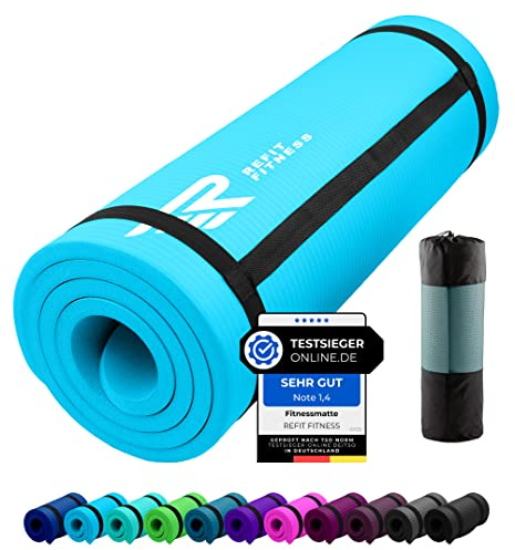 REFIT FITNESS Gymnastikmatte Profi 190 x 60 x 1.0 cm Hellblau PainProtect SmartCell NBR rutschfeste Yoga Matte Pilates Sport Gymnastik Yogamatte 10 MM Sportmatte Tragegurt Tasche