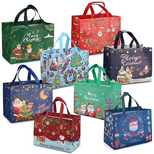 8PCS Weihnachtsgeschenktüten, Weihnachtstragetaschen mit Griffen, Weihnachtstaschen, multifunktionale Vlies-Weihnachtstaschen zum Einpacken von Geschenken, Weihnachtsfeierzubehör, 32,5 × 25 × 17 cm