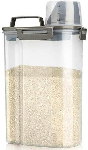 Viretec Contenedor hermético de almacenamiento de arroz, contenedor de harina de alimentos secos de cereales de 3 a 5 libras, dispensador de alimentos para mascotas, perros y gatos con taza medidora,