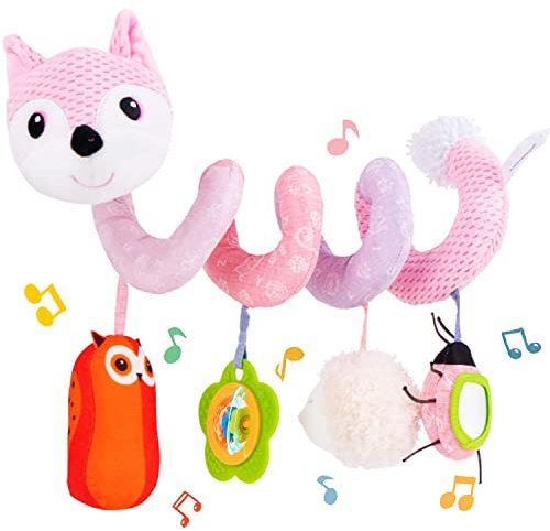 Koty Autositz-Spielzeug, Kleinkinder-Baby-Spirale, Plüsch-Aktivität, zum Aufhängen, für Kinderwagen, Bar, Kinderwagen, Kinderbett mit Spieluhr, BB-Quietscher und Rasseln (rosa Fuchs)