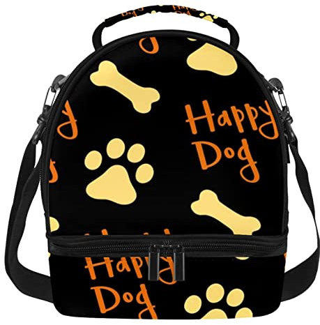 Double Deck Reusable Insulated Lunch Box Cooler Tote Bag Happy Dog Paw Print Meal Package for Office Work School Picnic