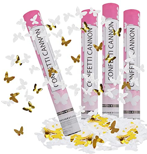 Konfettikanone Hochzeit, RosyFate 4 x Konfettikanonen Schmetterling 40cm, Konfetti Shooter, 6-10m Effekthöhe, Party Popper, für Hochzeit & Verlobung (Weiß Gold)
