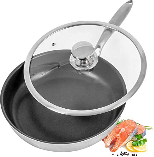 AUDANNE Nonstick Frying Pan with Lid , 11 inch Non Stick Large Stainless Steel Skillet with Handle - Oven Safe Non-stick Teflon Coating Induction Cooking Fry Pans , Black 11