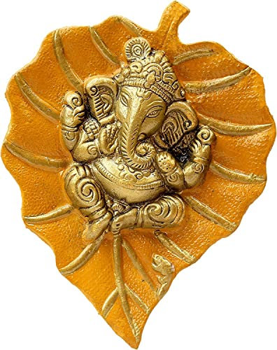 Craft Trade Wanddekoration Kupfer Metall Lord Ganesh Ganpati auf einem Paan Patta-Blatt Idol Vastu Artikel Glücklich Wandbehang Statue für Dekor Zuhause Wohnzimmer und Schlafzimmer- Orange