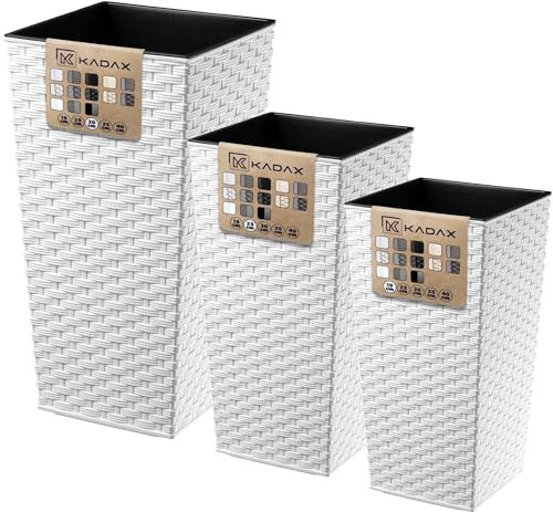 KADAX Set di 3 vasi alti per piante, Bianco Rattan, H 36,5/46,5/57 cm – vasi per piante decorativi, vaso da balcone e giardino moderno