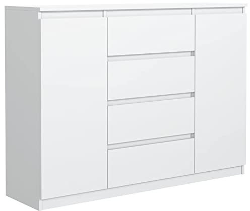 meble masztalerz Kommode Weiss Matt mit 4 Schubladen und 2 Türen - 138,6 x 101,5 x 39 cm - Sideboard Wohnzimmer, Schlafzimmer - Schubladenschrank - Komodenschrank