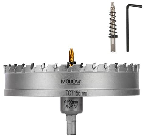 Mollom (156mm | 6-1/8) Scie cloche en carbure pour usage intensif avec 2 forets pilotes, coupe l'acier inoxydable, l'acier doux, le fer, le cuivre, le laiton et le plastique