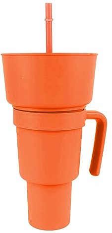 Qcwwy 2 in 1 Snack Drink Cup,Large Opening Plastic Beverage Cup Top Snack Bowl Stadium Tumbler Cups Popcorn Drink Cup with Bowl (Orange)