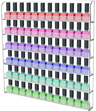 Kaichenyt Nail Polish Holder, Organiser for Wall Mounting, 6 Tiers, Nail Polish Wall Rack, Transparent Cosmetic Display for Up to 96 Nail Polishes for Essential Oils, Colour, Alcohol Ink, Lipstick