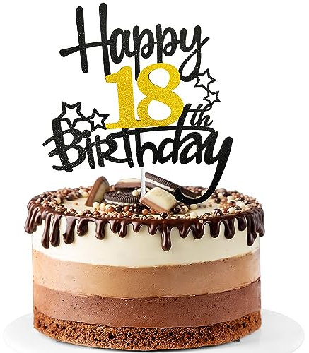 INSPUTOL Topper per Torta 18° Compleanno Happy Black & Golden Cake Topper Decorazione per Torta 18° Anniversario per Uomini e Donne di 18 Anni Forniture per Feste di Compleanno