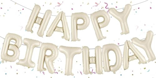 WOIRROIP Beige Happy Birthday Ballons Banner, 16 Zoll Mylar Folie Buchstaben Geburtstag Zeichen Banner für Mädchen Jungen Kinder & Erwachsene Geburtstag Dekorationen und Halloween Party Zubehör