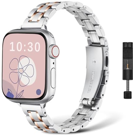 NicMool Correa para Apple Watch 38mm 40mm 41mm 42mm, Mujer Delgado Pulseras de Metal Correas para Apple Watch SE 3/SE 2/SE/Series 10/9/8/7/6/5/4/3/2/1 - Plata/Oro Rosa