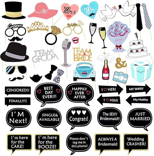 Photo Booth Props Kit - 52Pcs Wedding Selfie Frame - PhotoBooth Party Props for Bachelorette, Engagement & Party | Wedding Photo Props