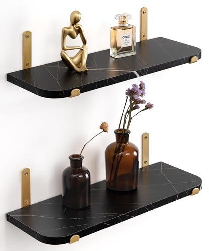Afuly Floating Shelves Black for Wall Shelf Unit for Bedroom Bathroom Kitchen Storage Organiser Modern Decorations Display for Living Room Office Home Rack Heavy Duty Marble Effect Set of 2
