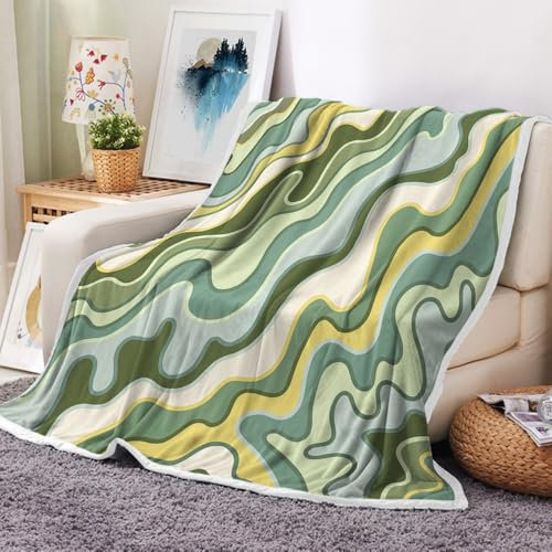 Viajar Retro 70er Jahre Hippie Überwurfdecke grün rosa groovige Wellen flippige Decke flippige abstrakte Decke groovig spiralförmige Wirbel Pastell 70er 80er Jahre ästhetische Überwurfdecke für Couch,