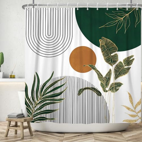 ASDCXZ Boho Duschvorhang 165x180 cm, Modern Abstrakt Kunst Boho Style Braun Sonne Grün Blätter Weiß Bad Waschbar Duschvorhänge Polyester Textil Wasserdicht Badevorhang für Badewanne mit 12 Haken