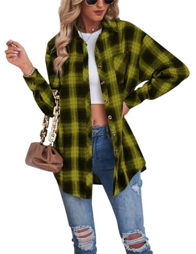 Buliezy Chemise Femme a Carreaux Manche Longue Chemisier élégant Chemise Classique Coton Plaid Veste,Jaune,XL