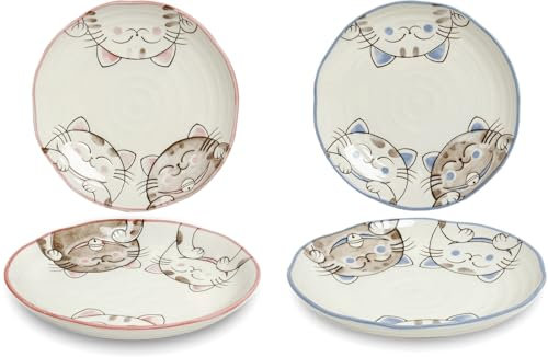 Set 2 Pezzi Piatti Profondi Gatti Edo Giappone - Ø19,5 cm - Porcellana Ceramica - Grandi Piatti da Pranzo e Colazione - Stile Giapponese