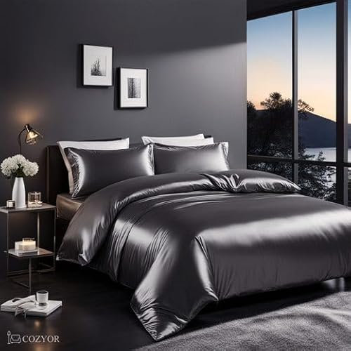 Cozyor Satin Bettwäsche 200x200 extra dick und weich mit robustem Reißverschluss 2X Kissenbezug 80x80 cm, edles Satin 3-teilig, anthrazit Nebula