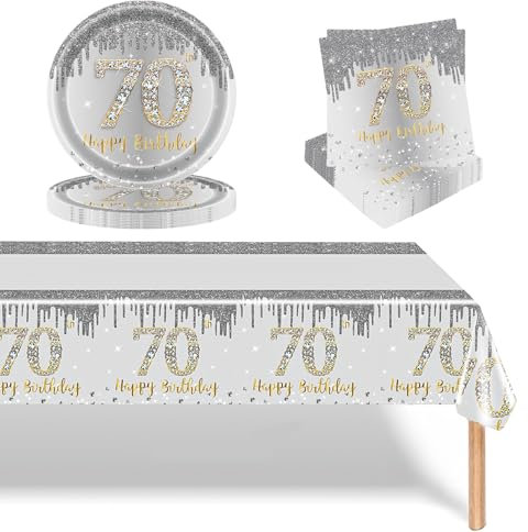 Aisszhao 37 Pcs Silver & Gold 70th Birthday Tableware Set Decor: Paper Napkins, 9 Inch Paper Plates, Table Cloth in Silver & Gold