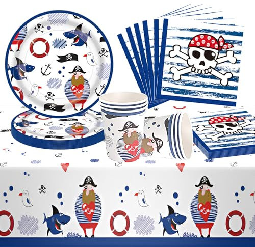 JunMallko 49 Pièces Pirate Anniversaire Vaisselle, Decoration Anniversaire Pirate, Pirate Anniversaire Vaisselle Kit Comprend Assiettes en Papier, Serviette, Gobelet Papier, Nappes - 16 Personnes